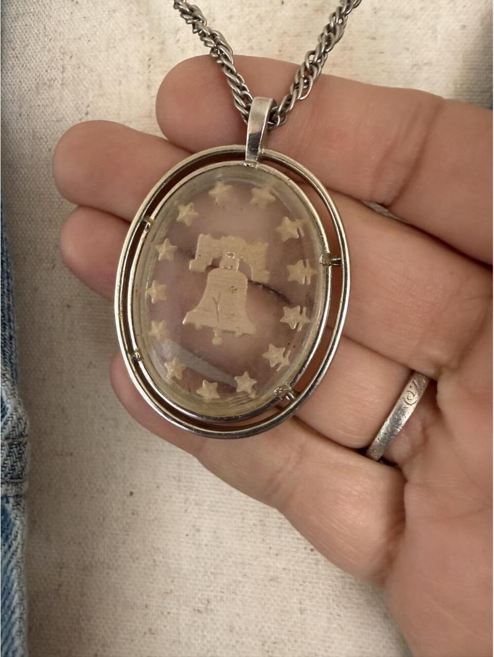 Vintage Etched Crystal Liberty Bell Pendant Necklace - Picture 3 of 4
